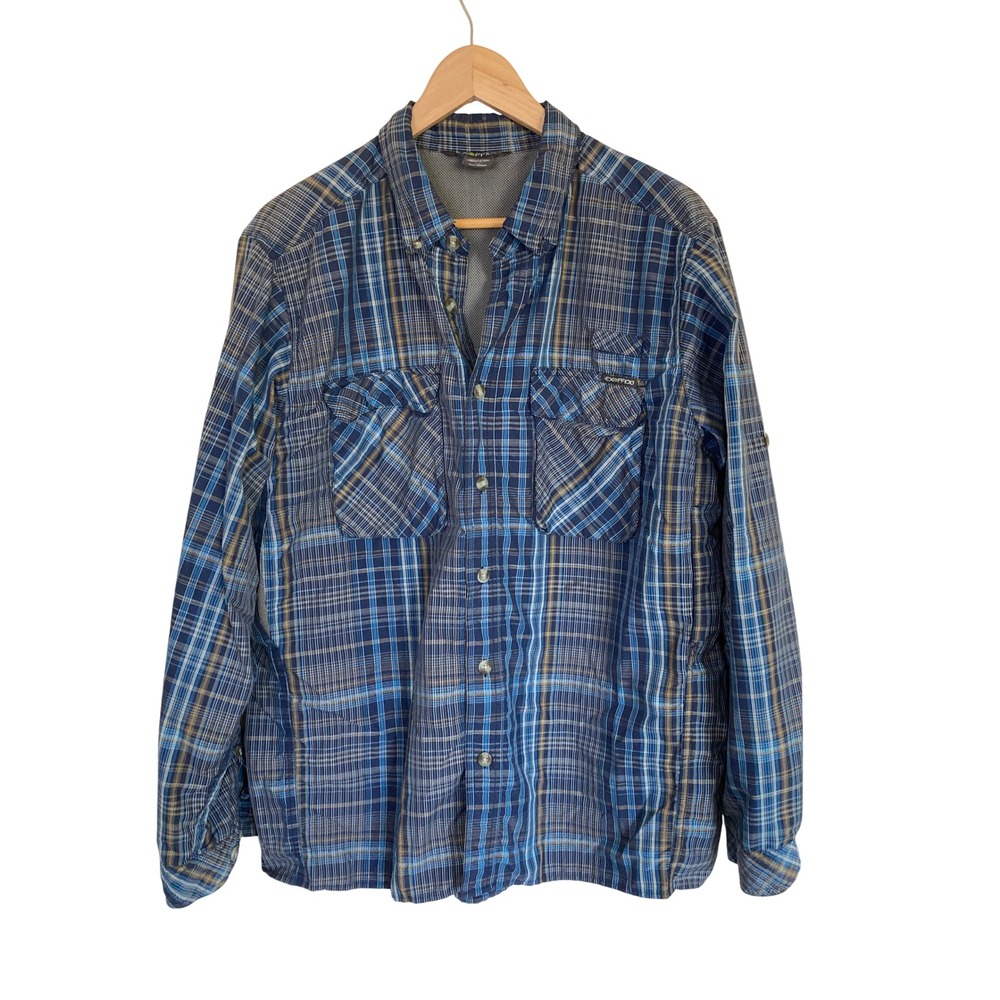 ExOfficio Mens Blue Plaid Ventilated Long Sleeve Hiking Shirt L 1001-2354